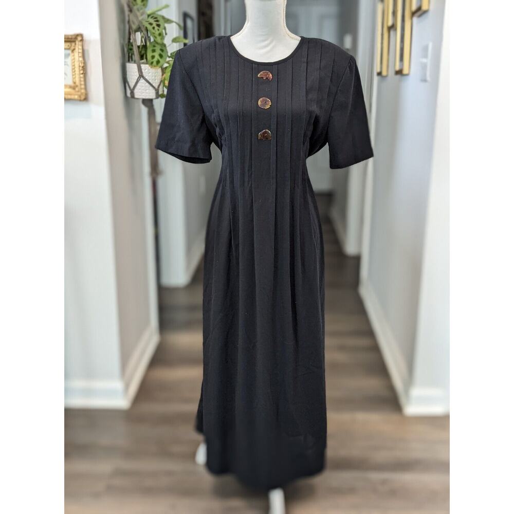 Vintage Kathie Lee Black Pleated Tie Back Maxi Dress Size 14 Novelty Buttons